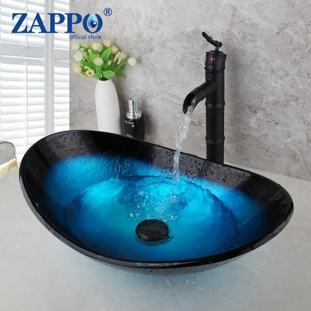 ZAPPO Blue Tempered Glass Bathroom Vessel Sink with Waterfall Black Faucet – Oval Above-Counter Basin Set