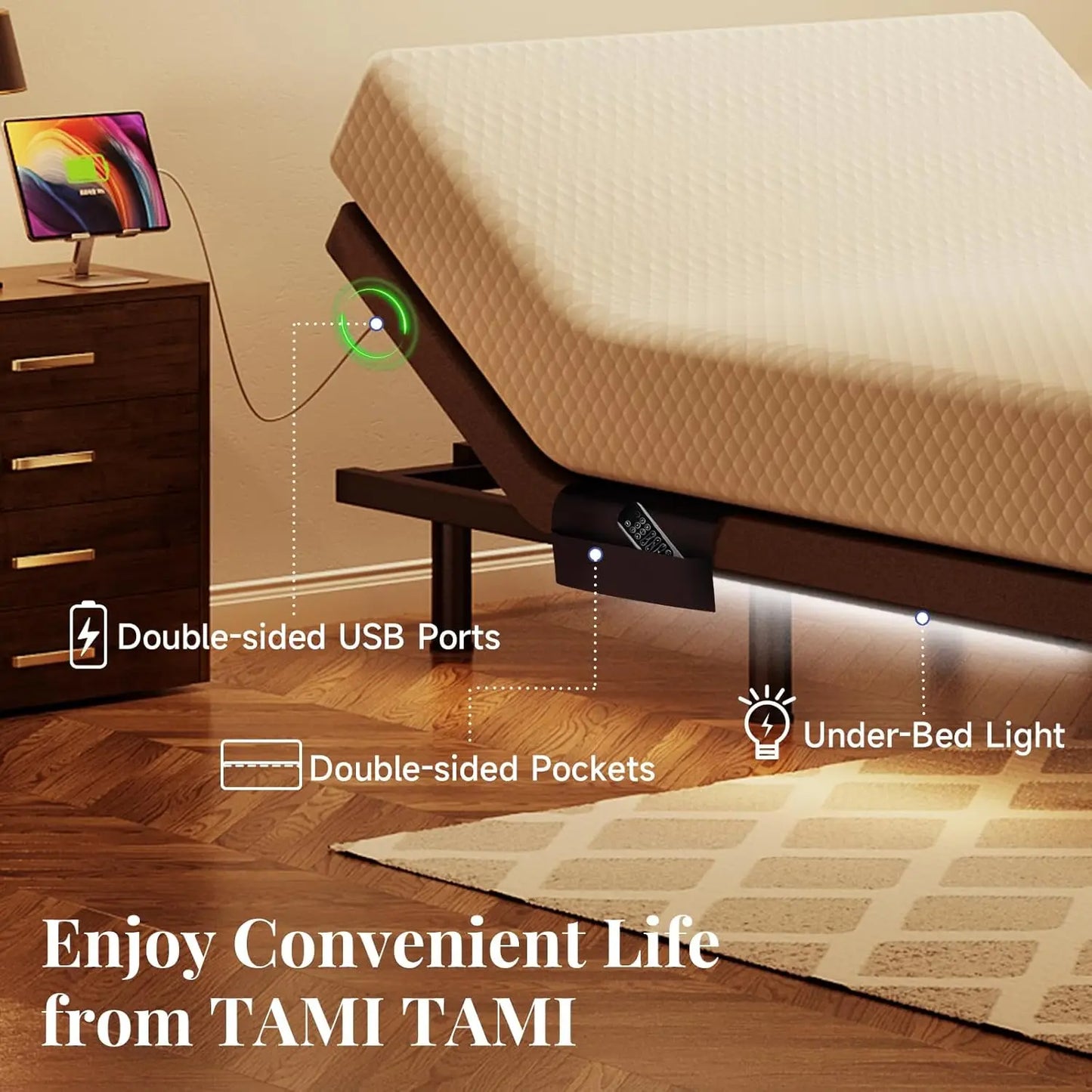T600 Queen Size Adjustable Bed Frame with Remote & Massage – Electric Base with Zero Gravity, Dual USB Ports & Side Storage Pockets