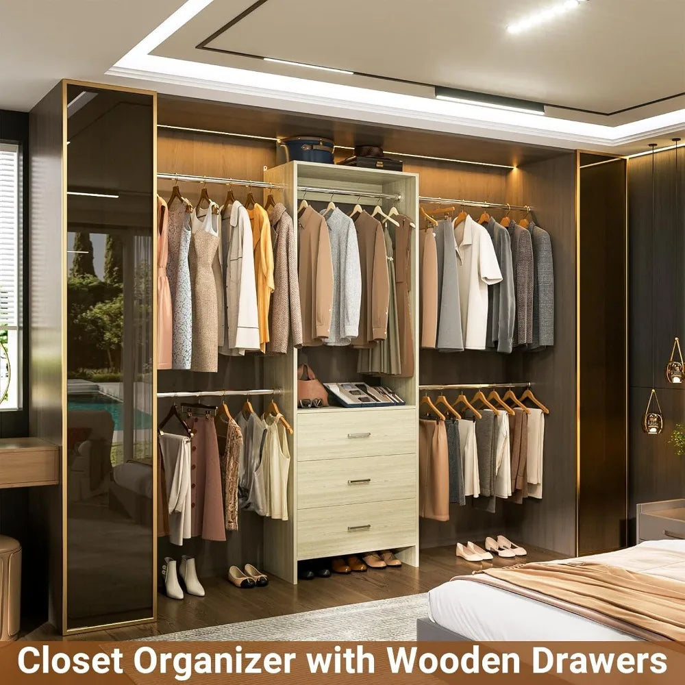 Closet Organizer System with 3 Wooden Drawers – Walk-in Wardrobe Organizer for Home Storage