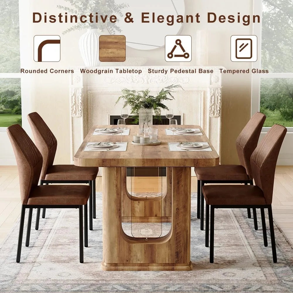 64.5" Modern Farmhouse Dining Table Set for 6 – Wood Dining Table with Decorative Pedestal Legs & 6 Cushioned Chairs