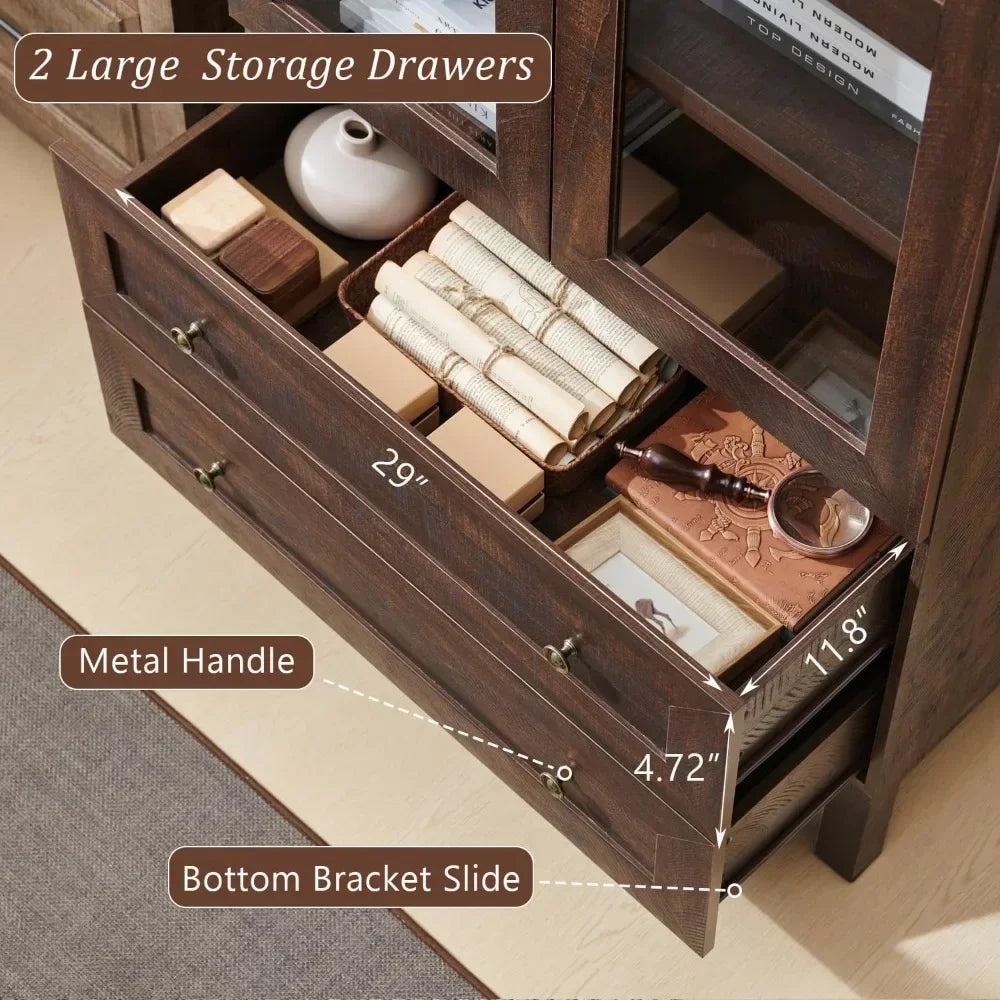 Wooden Display Cabinet w/2 Large Storage Drawers, Glass Doors and Shelves