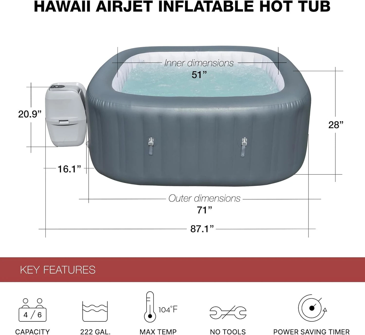 SaluSpa AirJet 4–6 Person Inflatable Hot Tub – Square Portable Outdoor Spa with 114 Soothing AirJets & Insulated Cover, Gray