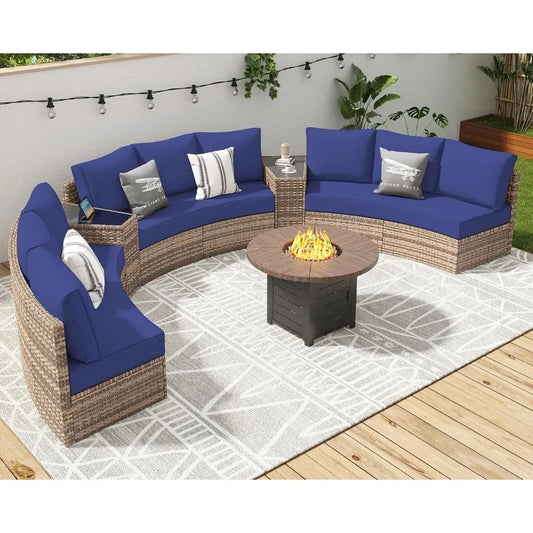 3-Piece Half-Moon Sectional Round Sofa Set with Cushions & Storage Wedge Table – Outdoor Patio Furniture for Garden, Poolside, Balcony & Backyard
