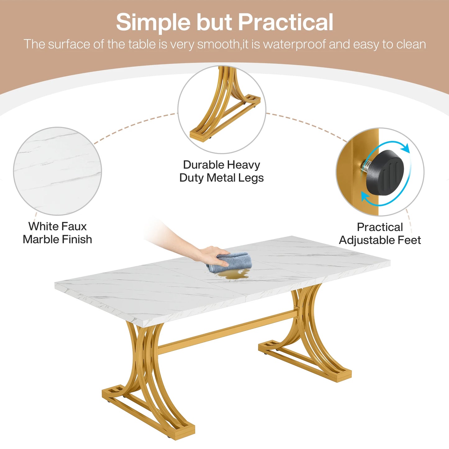 Tribesigns 63-Inch Rectangular Dining Table for 4-6 – Modern Kitchen Table with Faux Marble Top, White Finish