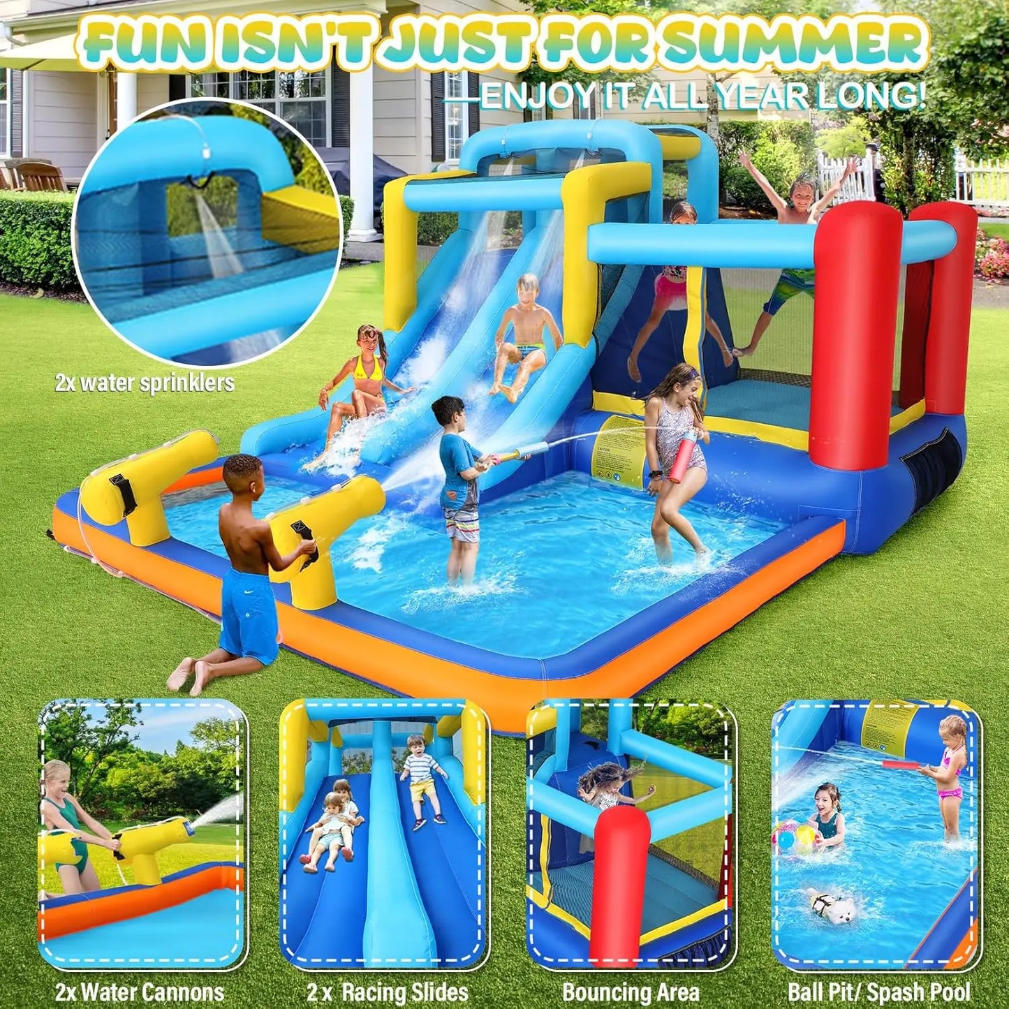 Whubefy 15x9.95Ft Inflatable Water Slide Bounce House – Outdoor Bouncy Castle with Slide & Splash Pool for Kids Ages 3–6