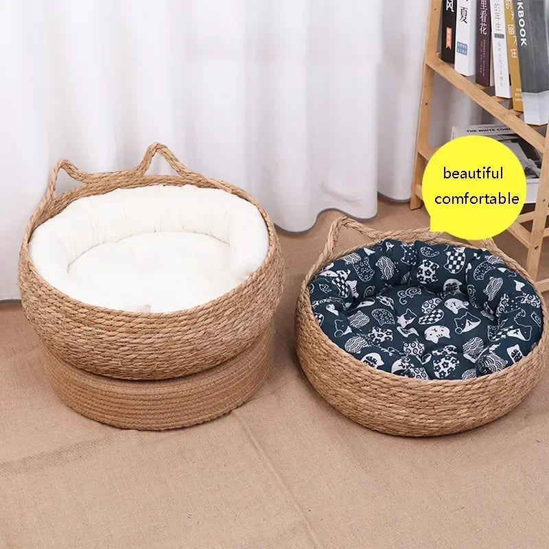 Four Seasons Handmade Woven Vine Cat Nest – Detachable, Washable Pet Bed with All-Season Cushion for Cats & Small Pets