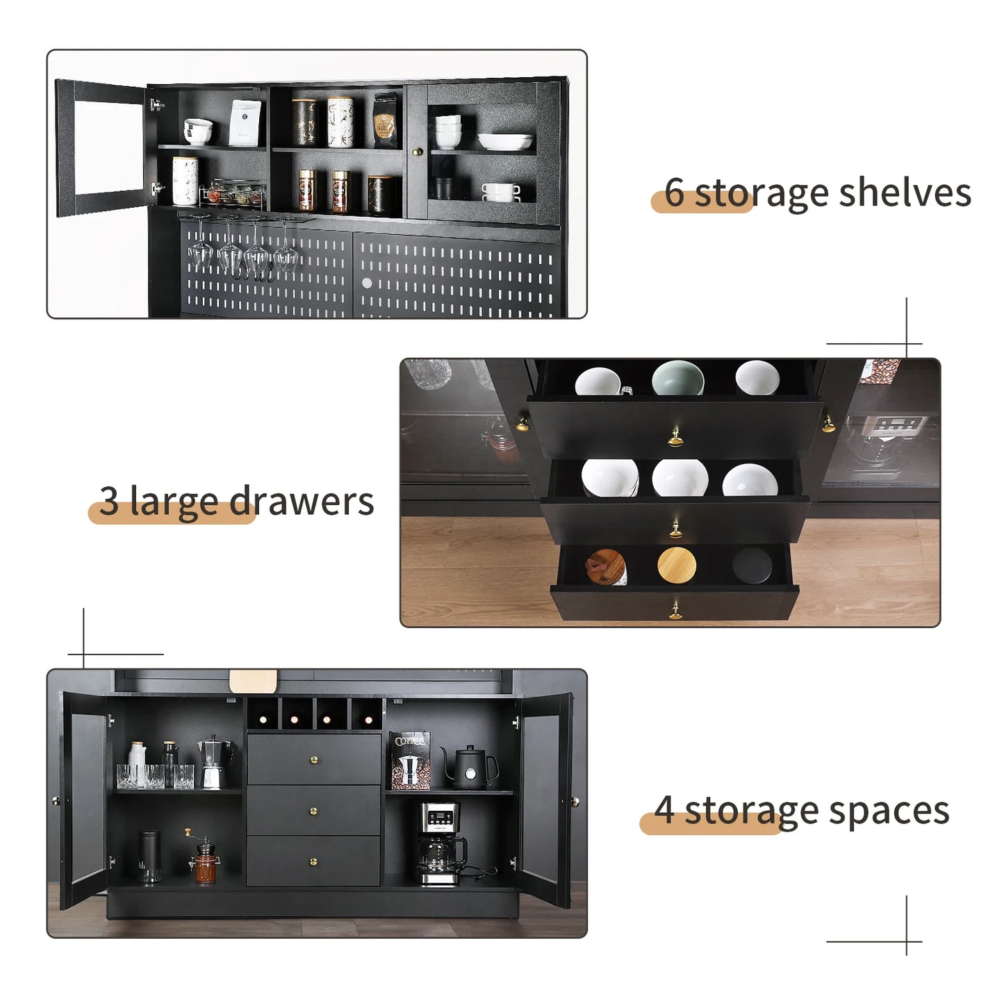 Pantry Cabinet – Freestanding Kitchen Storage Buffet Hutch with Pegboard, Cup Holder & Power Outlet, Black