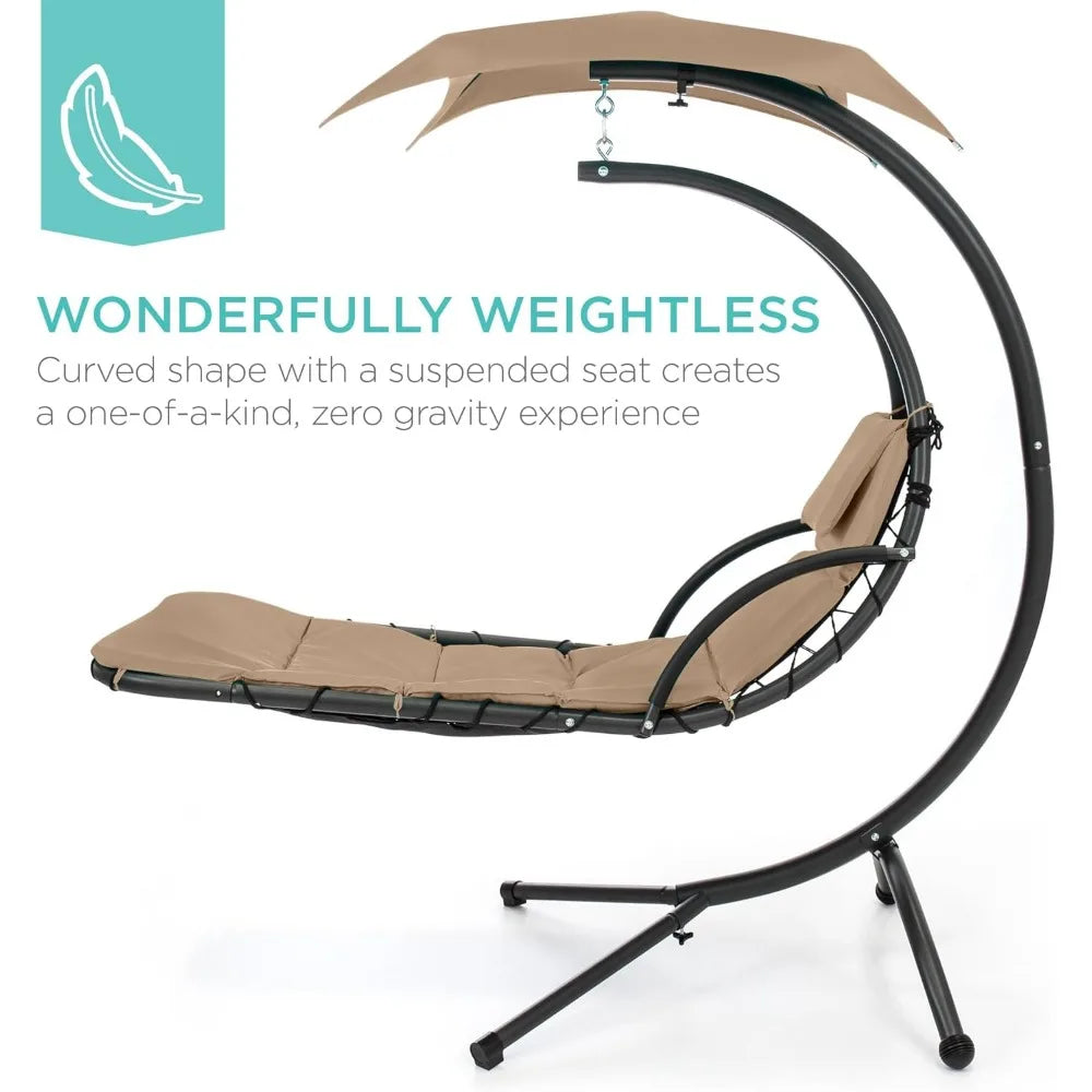 Outdoor Hanging Curved Steel Chaise Lounge Chair Swing w/Built-in Pillow and Removable Canopy