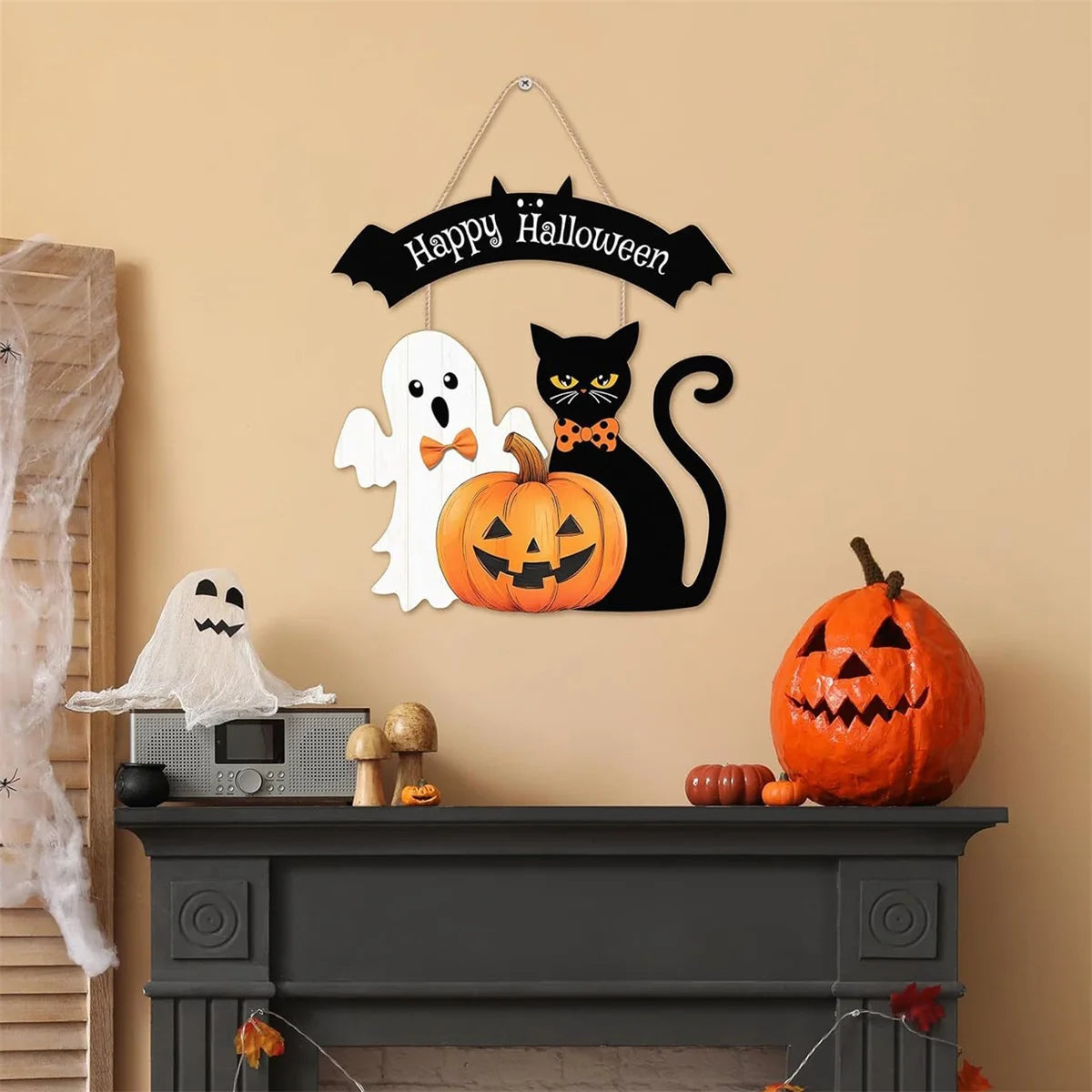 Spooky Halloween Door Sign – Cute Pumpkin Ghost & Black Cat Design, Perfect Welcome Décor for Home, Porch, or Office