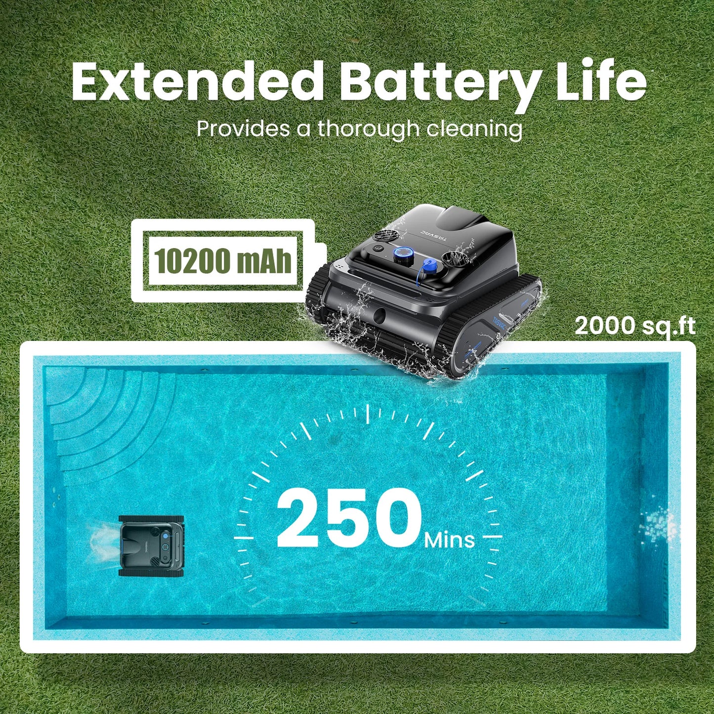 TASVAC Automatic Cordless Robotic Pool Cleaner – 240-Min Runtime, Self-Parking, Ideal for Flat Above & In-Ground Pools up to 80 Ft / 2000 Sq.Ft
