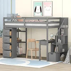 Full Size Loft Bed with Stairs, Storage Shelves & Bookshelf – Wooden Loft Bed Frame with Built-In Lights, Space-Saving Design for Kids, Teens, and Adults