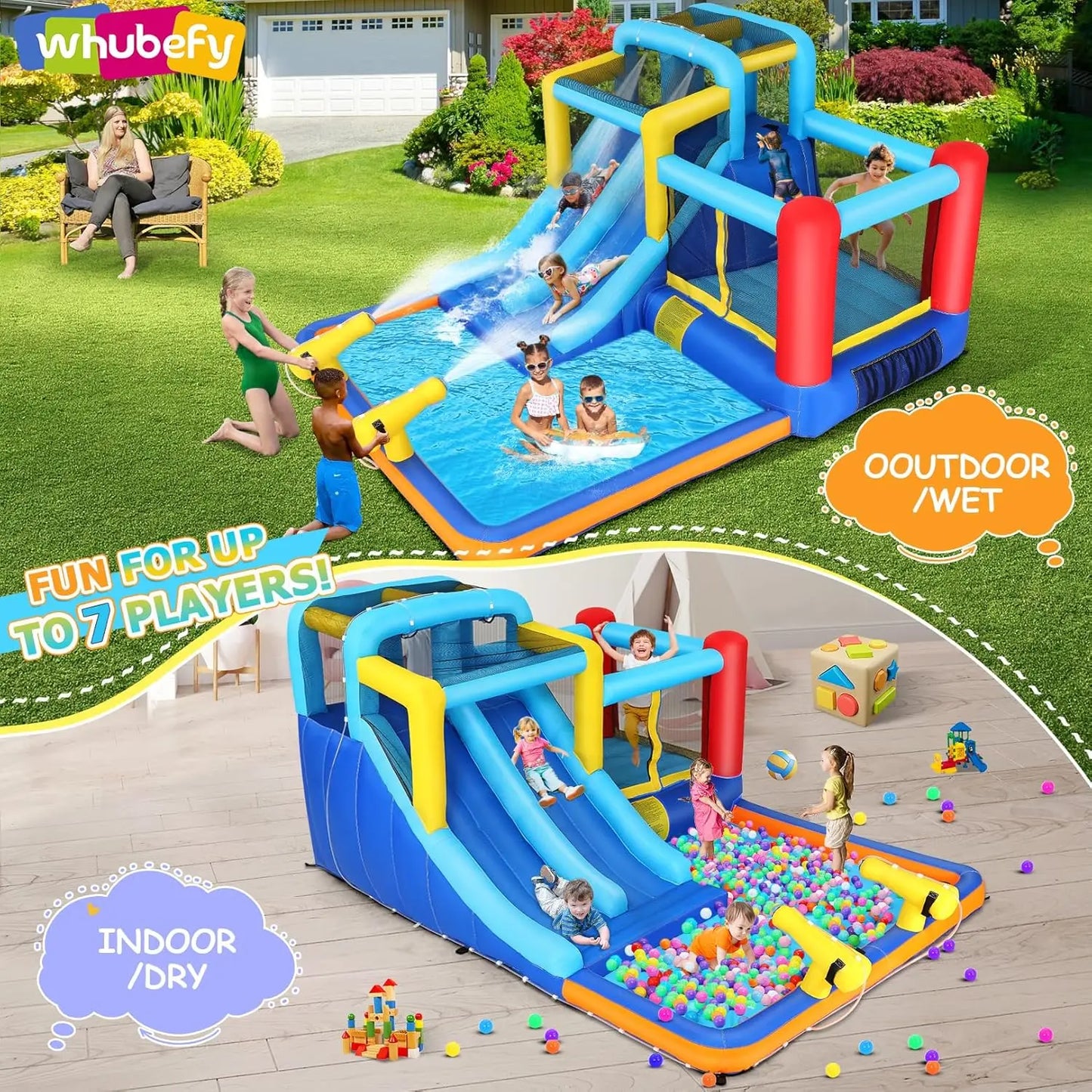 Whubefy 15x9.95Ft Inflatable Water Slide Bounce House – Outdoor Bouncy Castle with Slide & Splash Pool for Kids Ages 3–6