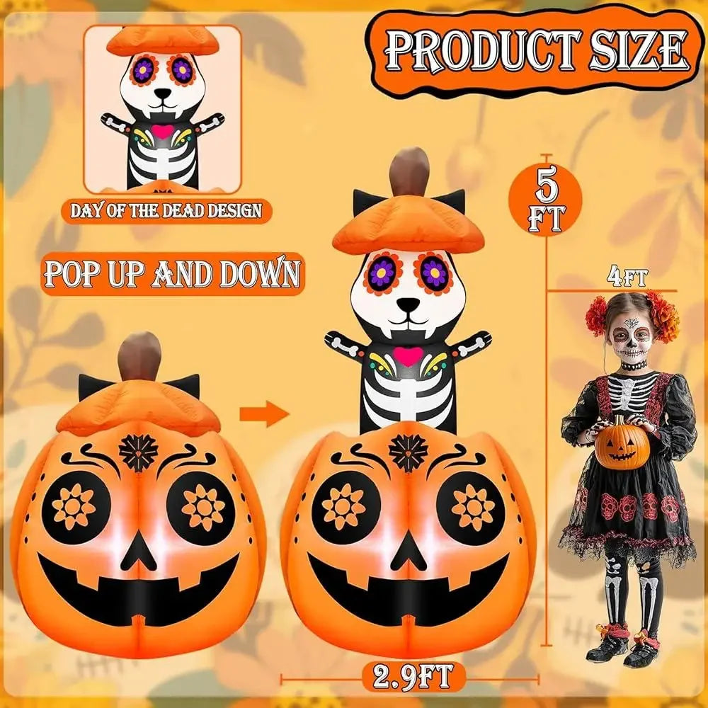 5 Ft Inflatable Halloween Decoration – Animated Cat on Pumpkin Day of the Dead Yard Decor with LED Lights