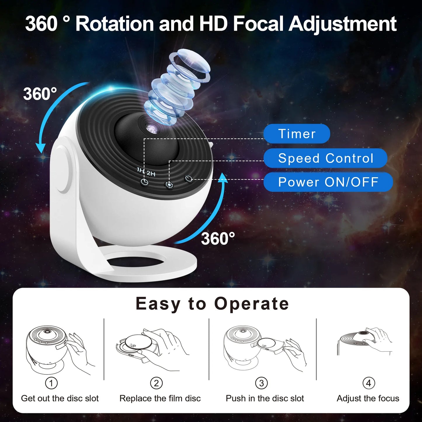 13-in-1 Galaxy Ultra Star Projector – HD LED Night Light with 13 Film Discs, 360° Rotation & Timer for Kids’ & Adults’ Bedrooms