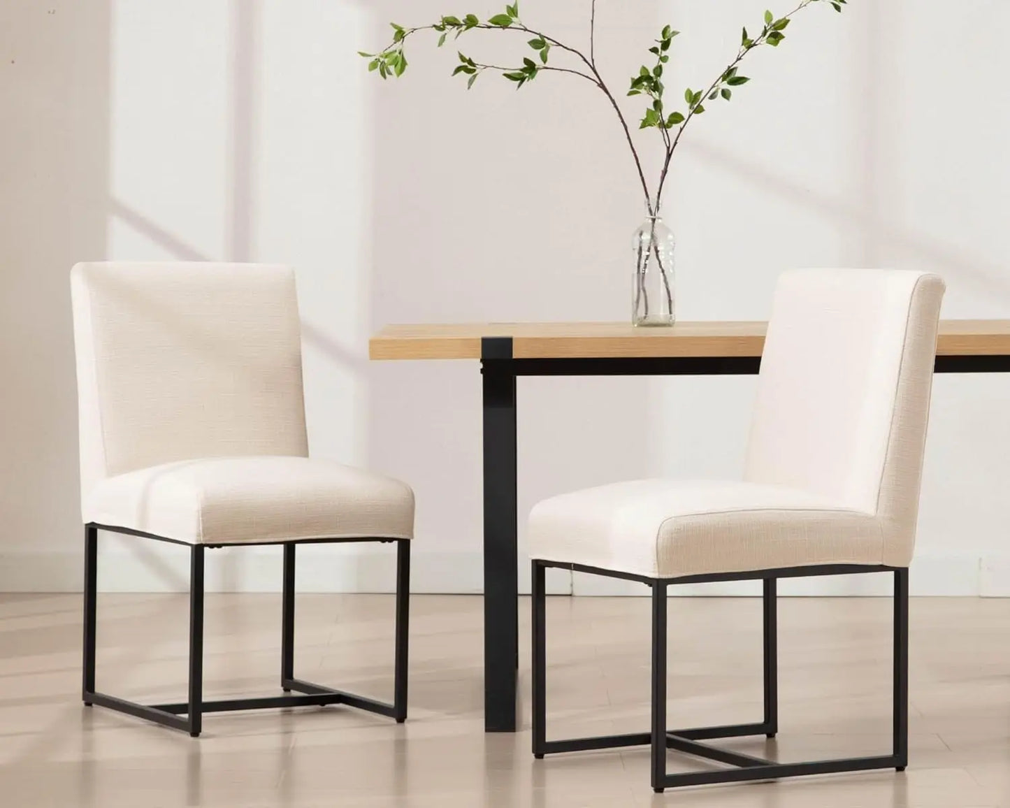 Faux Leather Upholstered Dining Chairs – Mid Century Modern Padded Kitchen Chairs with Black Metal Frame & Adjustable Foot Pads