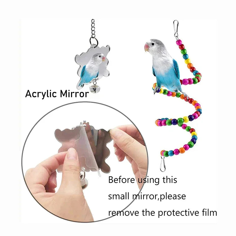 7PCS Wooden Bird Toy Set – Parrot Cage Accessories with Swing, Bells, Bridge, and Chew Toys
