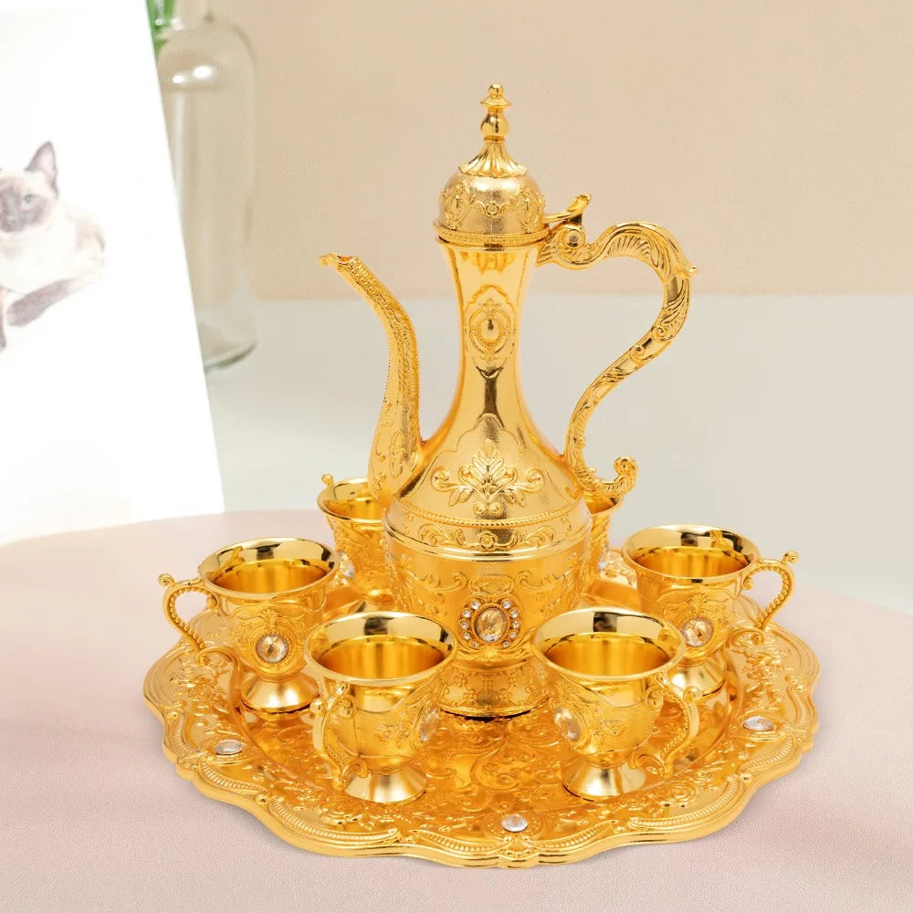 6-Piece Vintage Turkish Tea Set with Tray & Teapot – Large Capacity, Multi-Functional Metal Set for Tea, Coffee, or Wine (Gold)