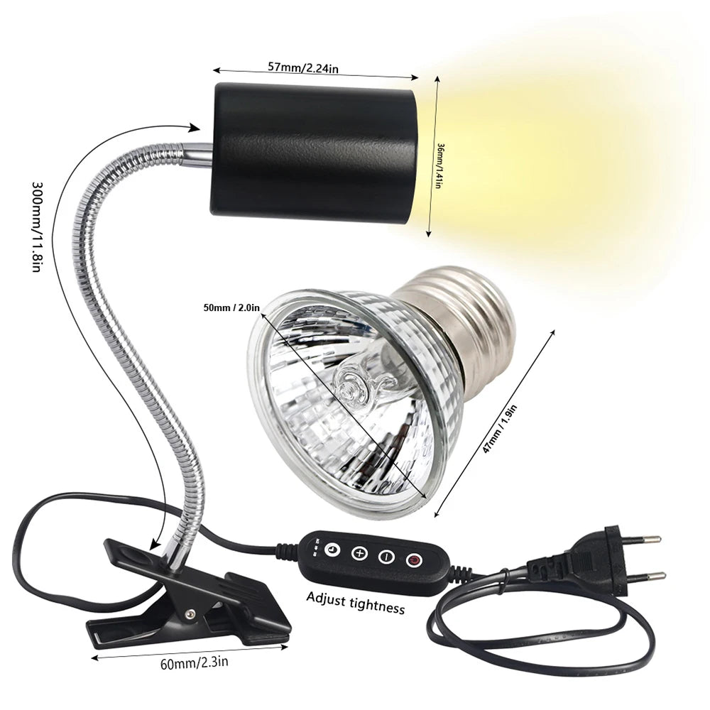 Reptile Heat Lamp Bulb with Clip-On Fixture – Dimmable UVA/UVB Basking Light for Turtles, Tortoises, Lizards & Amphibians with Timer Function