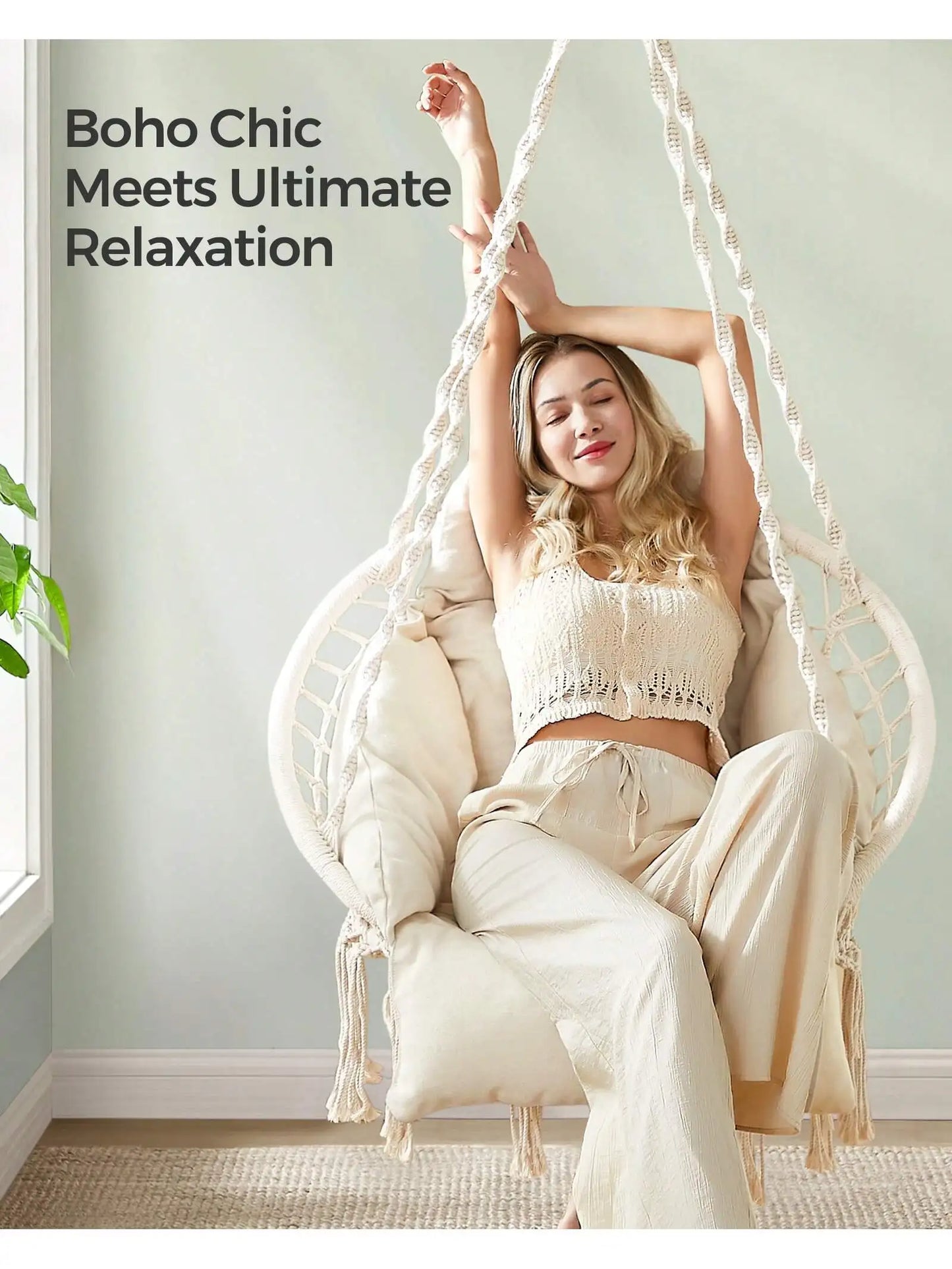 SONGMICS Hanging Chair – Boho Hammock Chair with Large Thick Cushion for Bedroom, Patio, Balcony & Garden