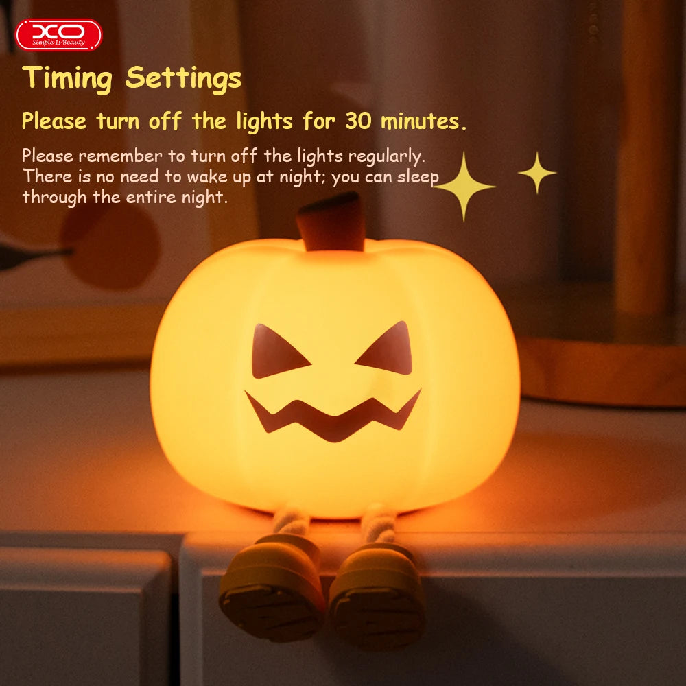 Pumpkin Night Light – Cute Soft Silicone Bedside Lamp with Timer & Dimming for Kids, Babies, Halloween Gifts