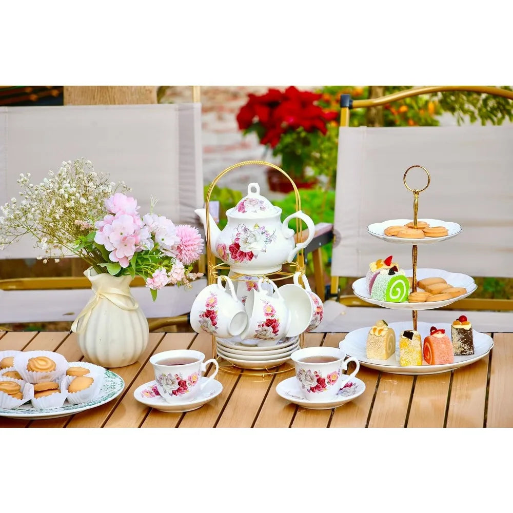 20-Piece Bone China Tea & Coffee Set with Gold Metal Rack – Elegant Porcelain Gift Set for Home, Parties, and Special Occasions (010)