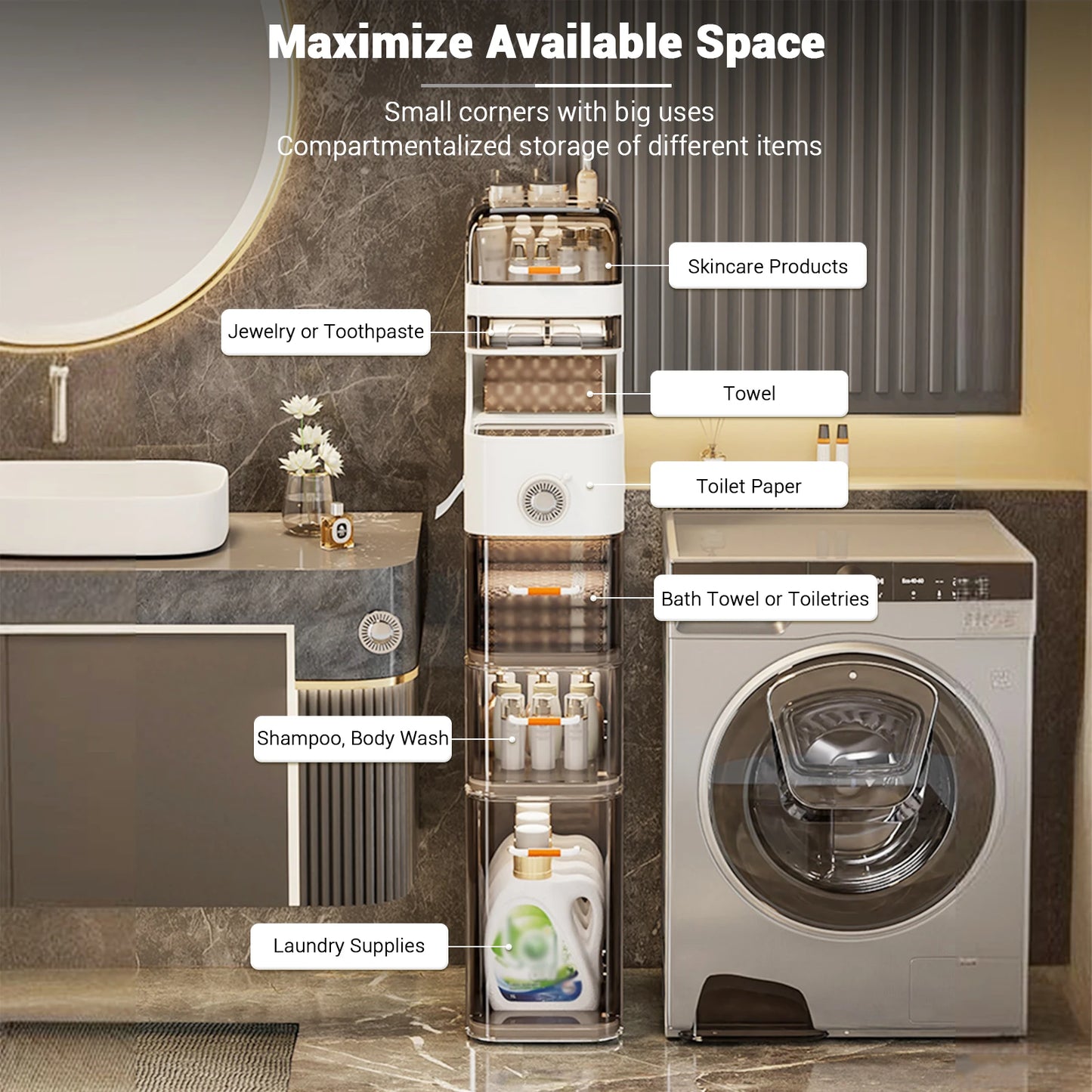 Slim Movable Bathroom Cabinet with Wheels – Plastic Storage Organizer with Drawers & Toilet Paper Holder for Small Spaces