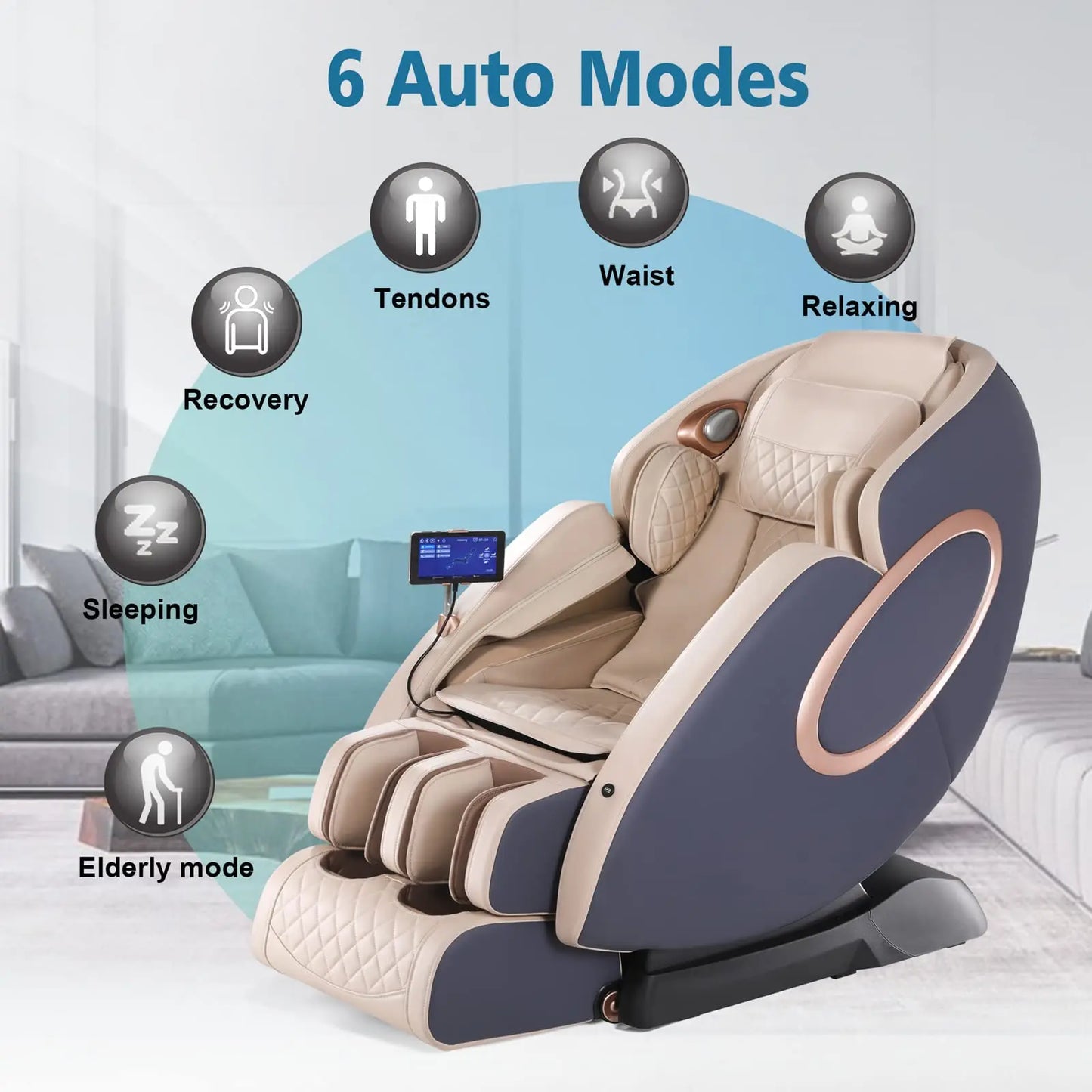 APP-Controlled 4D Zero Gravity Massage Chair – SL-Track Full Body Shiatsu Recliner with Bluetooth, Heating, Thai Stretch, Foot Rollers & Anion Purifier (Blue + Khaki)