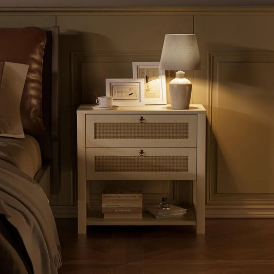Boho Rattan Nightstand with Drawers & Open Shelf – Elegant Country-Style Bedside Table for Bedroom, Living Room, or Apartment