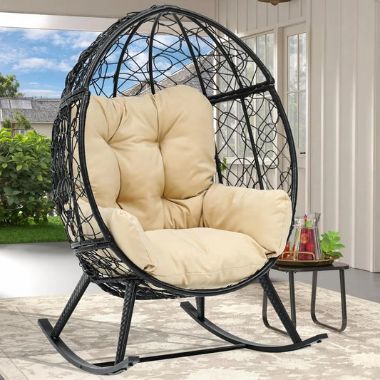 Wicker Rocking Egg Chair – Oversized Indoor/Outdoor Rattan Lounger for Patio, Backyard & Living Room