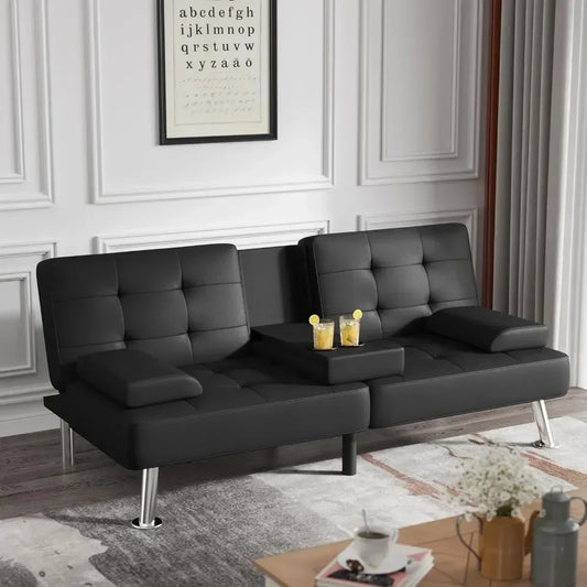 Leather Convertible Folding Recliner with 2 Cup Holders, Removable Armrests