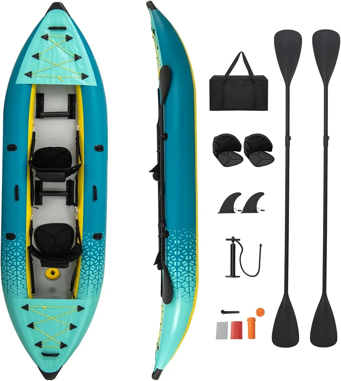 12.5FT Inflatable 2-Person Kayak Canoe – Heavy-Duty Drop-Stitch Floor, 507 lbs Capacity, Adjustable Seats, Paddles, Pump & Carry Bag Included
