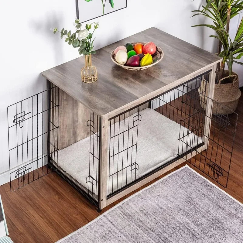 NEW Dog Crate Furniture with Cushion – 38.5" Wooden Indoor Kennel Table with Double Doors, Large Dog House in Greige