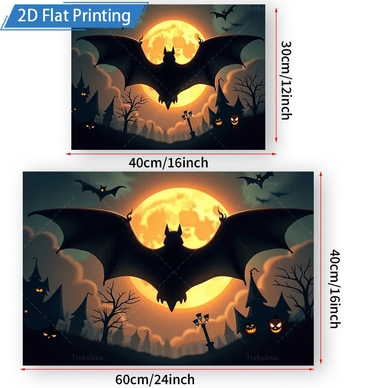 Halloween Wall Tapestry – Bat Silhouette with Full Moon & Spooky Pumpkins, Gothic Horror Décor for Home, Bedroom, or Party