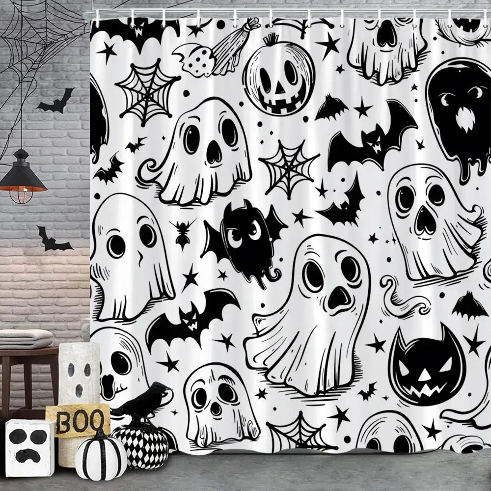 🦇 Spooky Halloween Skeleton & Crow Shower Curtain – Gothic Black Cat & Bat Design with Hooks