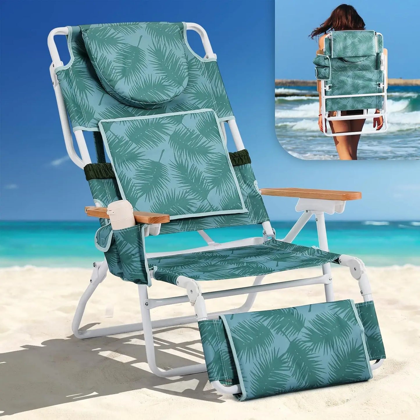 Deluxe 3-in-1 Beach Lounge Chair with Face Hole – Reclining Tanning Chair with Footrest, Cup Holder & Storage Bag – Portable Foldable Sunbed for Outdoor, Pool, Patio, and Beach