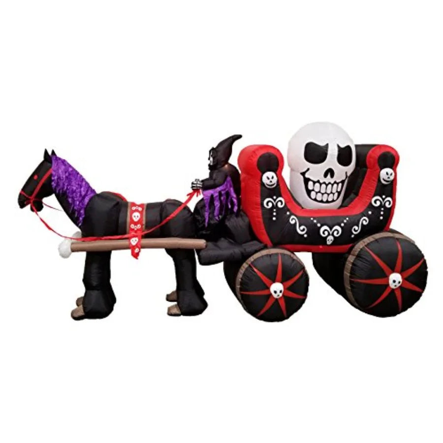 12-Foot Halloween Inflatable Skeleton Carriage – Lighted Outdoor/Indoor Blow-Up Decoration with Ghost, Skull & LED Lights