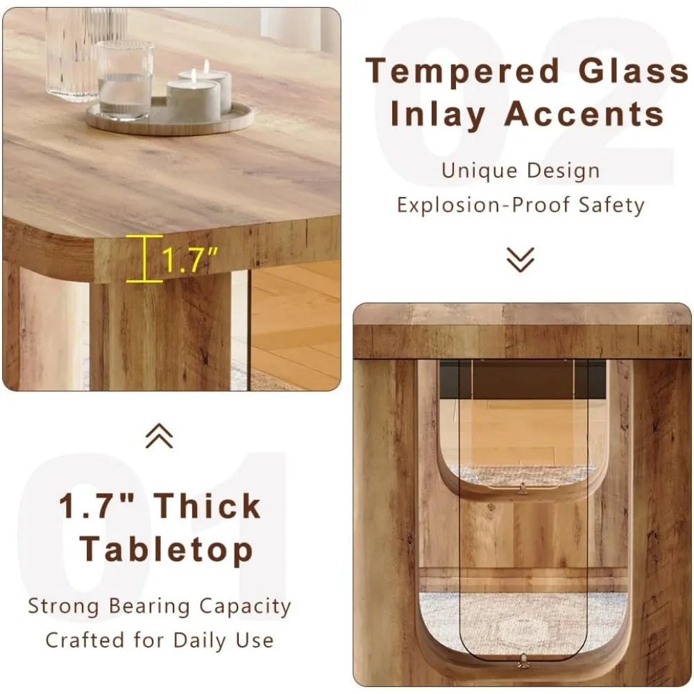 64.5" Modern Farmhouse Dining Table Set for 6 – Wood Dining Table with Decorative Pedestal Legs & 6 Cushioned Chairs