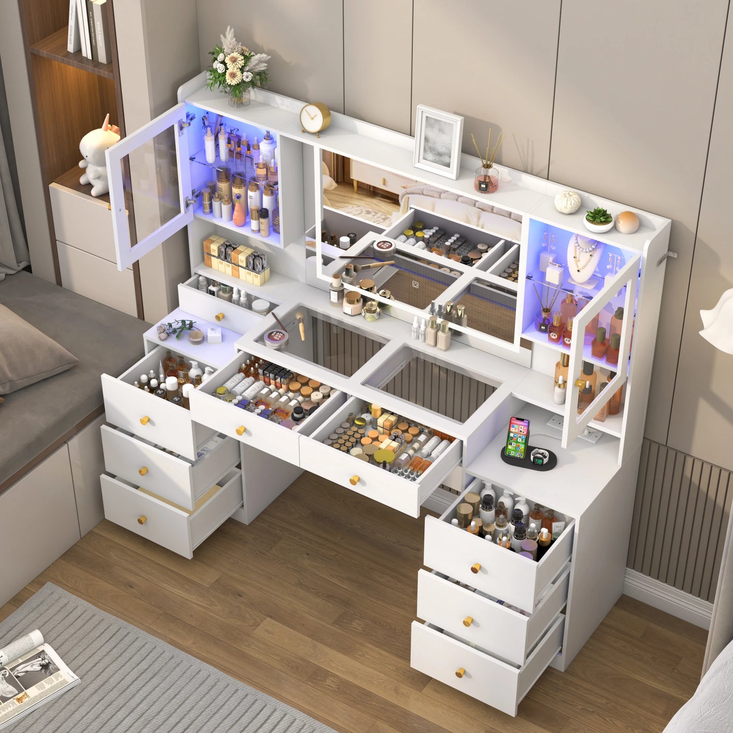 61.7" Large Vanity Desk with Mirror and Lights – Makeup Vanity with Charging Station, Sliding Drawers & Glass Door Cabinets