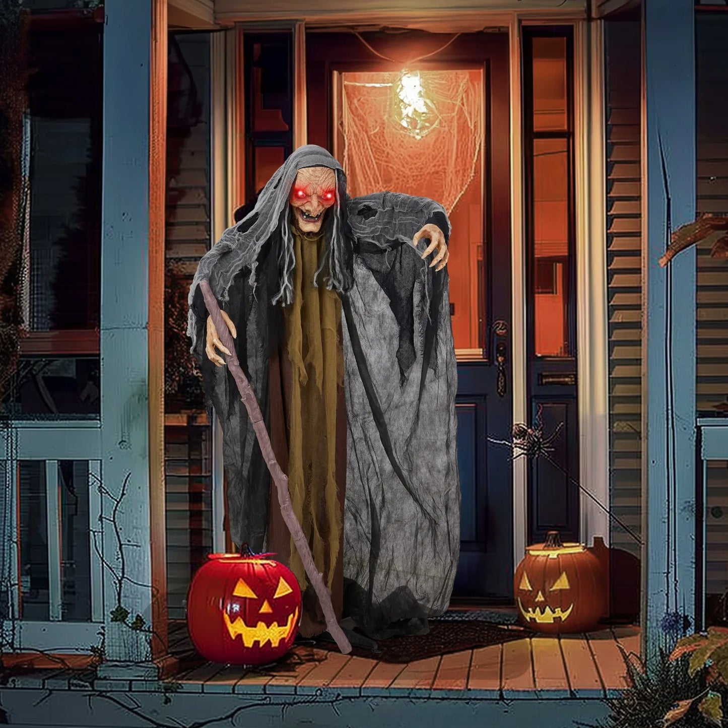 5.3FT Talking Halloween Witch with Cane – Outdoor Spooky Decoration with Glowing Eyes & Sound Effects
