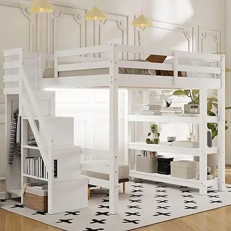 Full Size Loft Bed with Stairs, Storage Shelves & Bookshelf – Wooden Loft Bed Frame with Built-In Lights, Space-Saving Design for Kids, Teens, and Adults