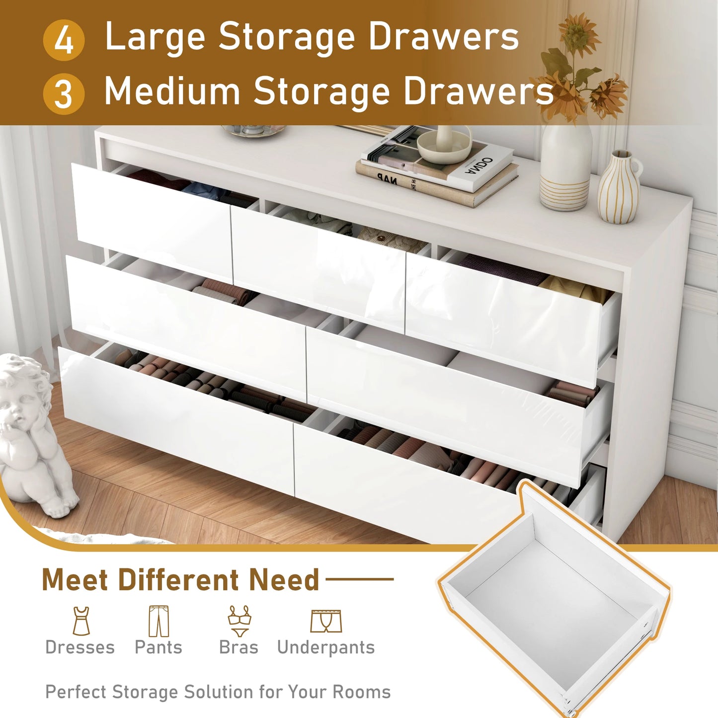 7 Drawer Wooden Dresser for Bedroom, 55" with High Gloss Drawers