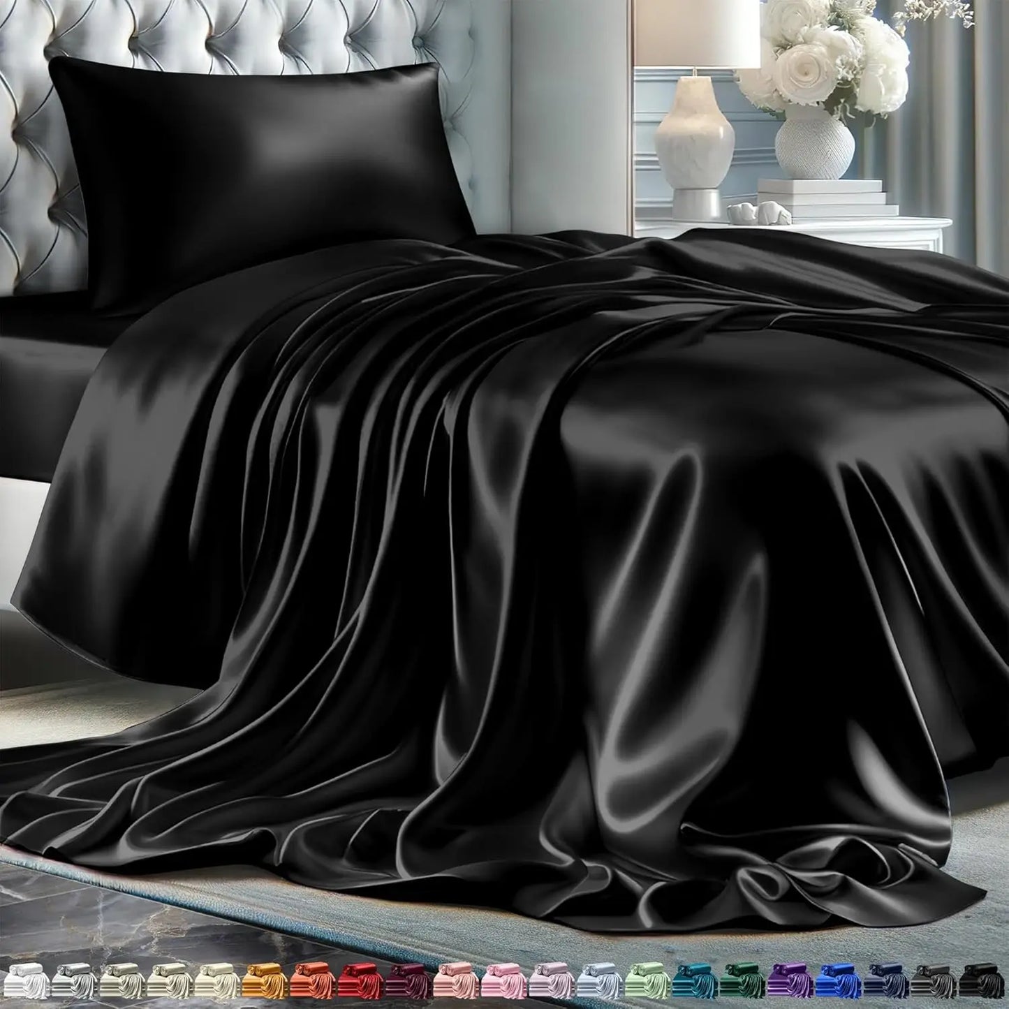 Luxury Satin Bed Sheets – 4-Piece Silky Queen Size Bedding Set, Wrinkle-Free with 15” Deep Pocket Fitted Sheet