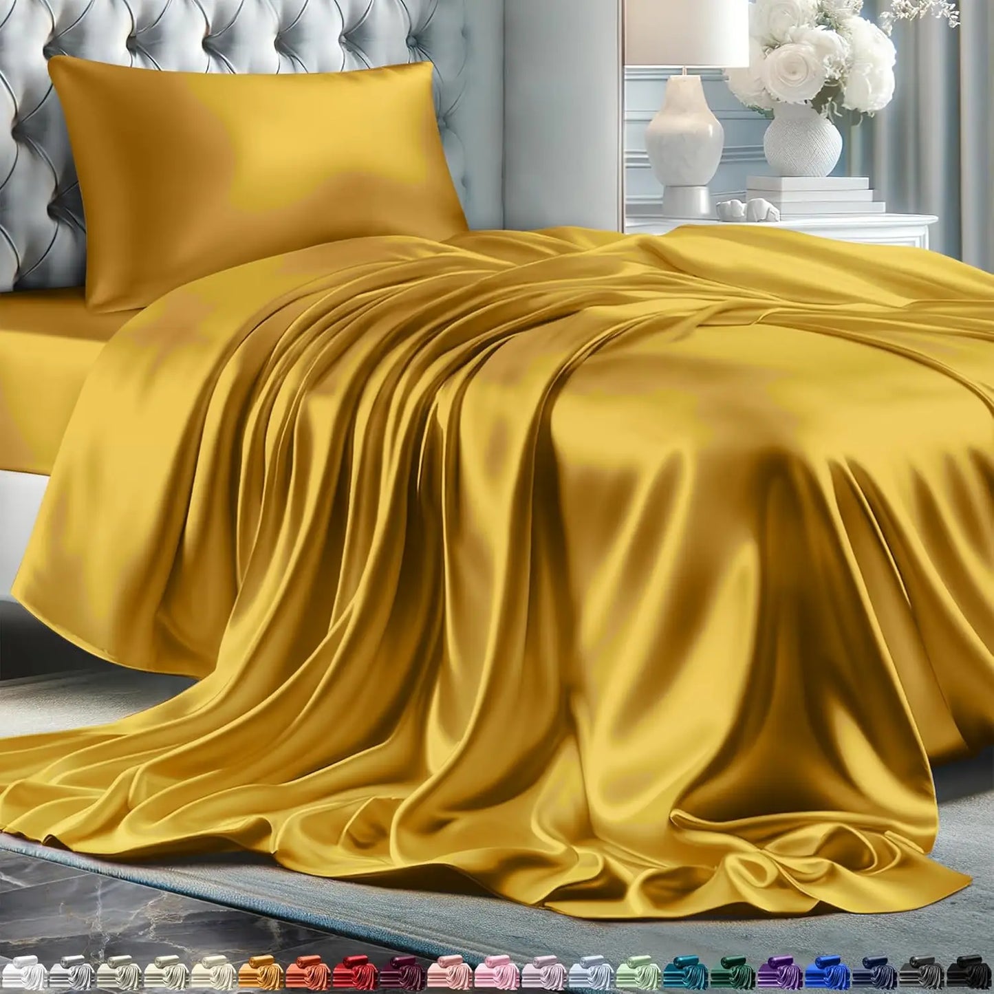 Luxury Satin Bed Sheets – 4-Piece Silky Queen Size Bedding Set, Wrinkle-Free with 15” Deep Pocket Fitted Sheet
