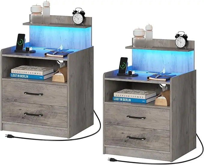 Set of 2 Nightstands with LED Lights & Charging Station – Modern Bedside Tables with Drawers, USB Ports & Open Storage