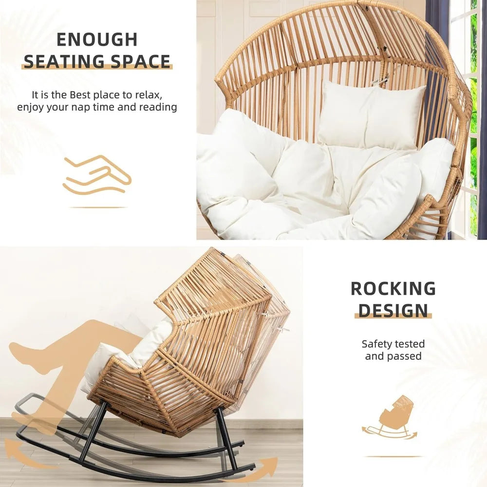 Wicker Egg Rocking Chair with Cushion – Oversized PE Rattan Patio Lounge Chair for Indoor & Outdoor Use, Balcony, Backyard, or Porch