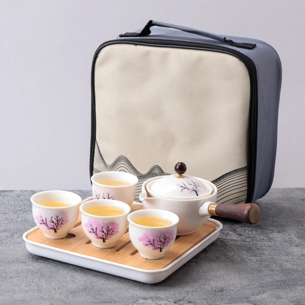 Portable Chinese Gong Fu Tea Set – 360° Rotating Semi-Automatic Ceramic Teapot with Infuser, Compact Teaware for Home, Office & Travel