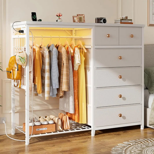 49.2" W White 6 Drawer Dresser for Bedroom with Hanging Rack with LED Lights