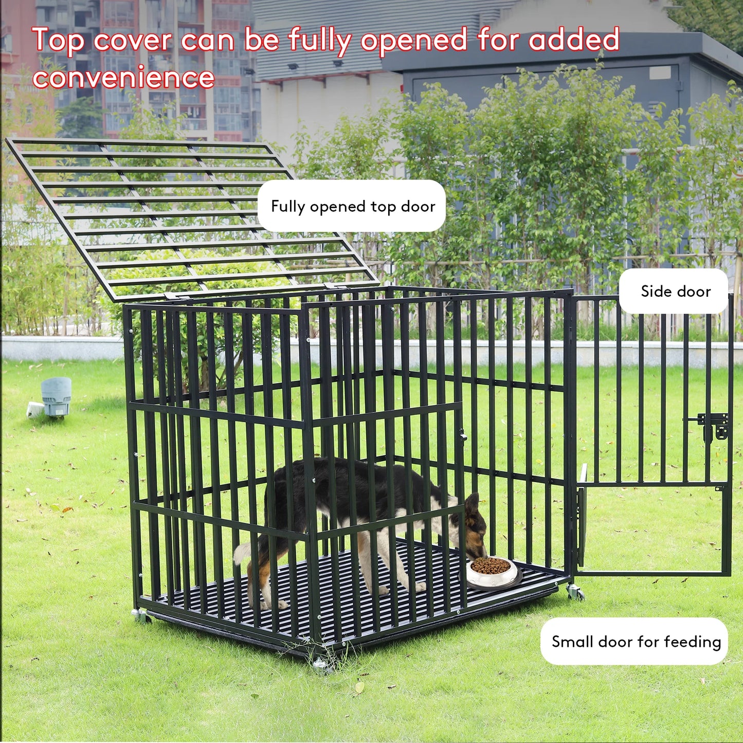 Heavy Duty Dog Crate with Wheels – L/XL/XXL Metal Pet Kennel with 3 Doors & Removable Tray