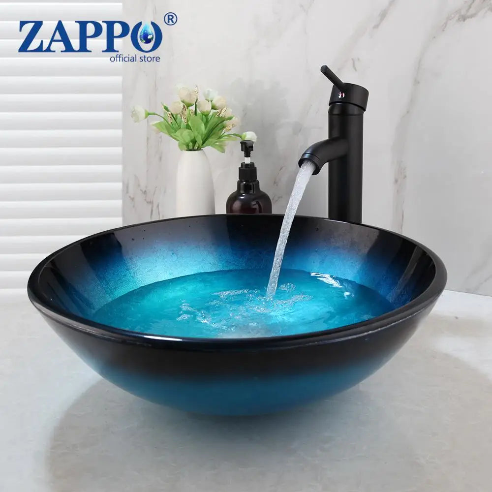ZAPPO Blue Tempered Glass Bathroom Vessel Sink with Waterfall Black Faucet – Oval Above-Counter Basin Set