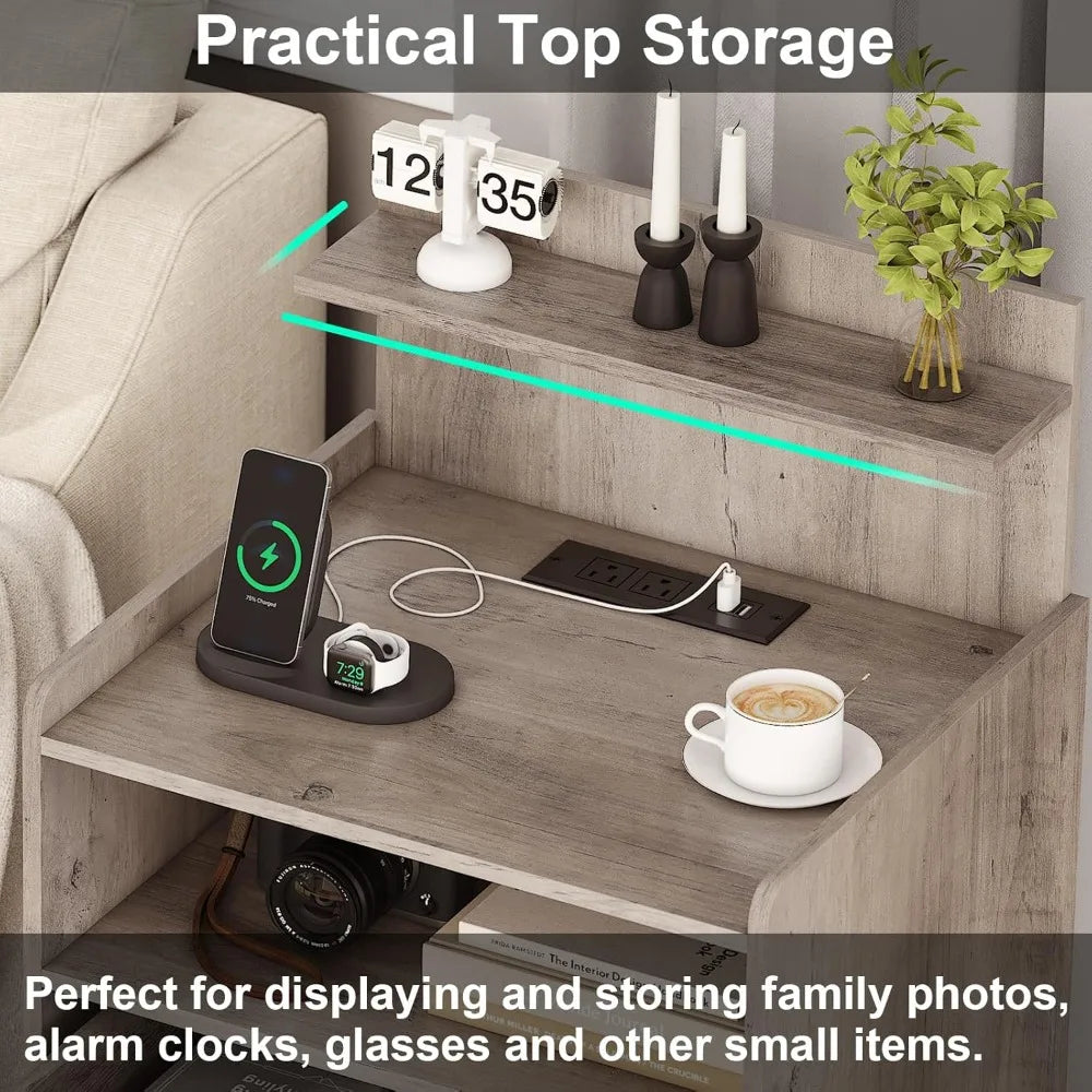 Set of 2 Nightstands with LED Lights & Charging Station – Modern Bedside Tables with Drawers, USB Ports & Open Storage